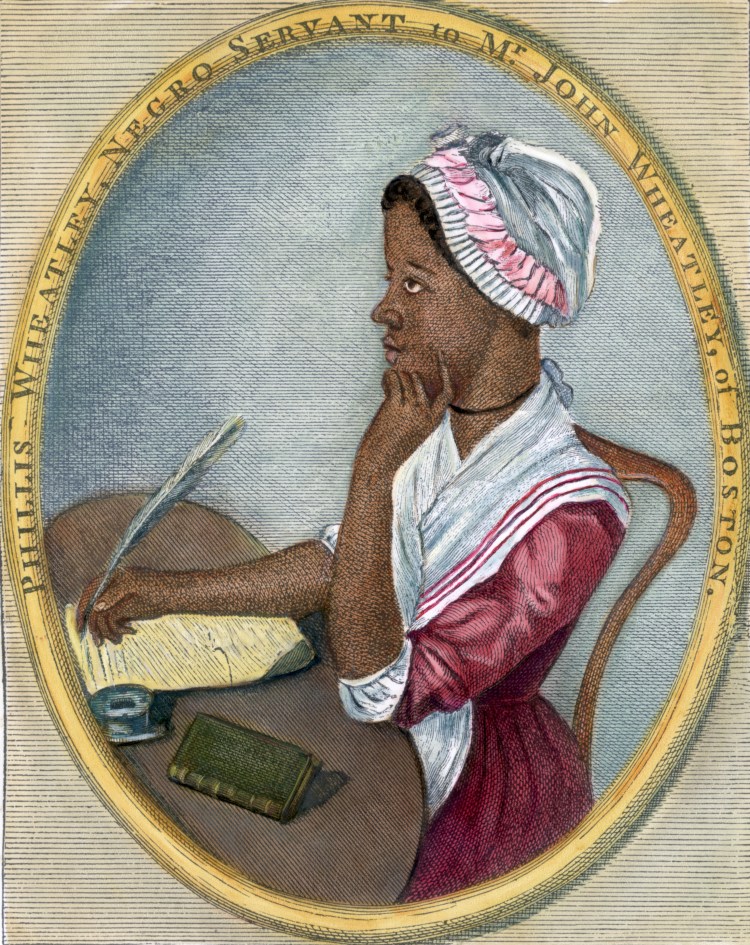 18th century --- Phillis Wheatley (1753-1784). Portrait of American poet seated at a desk writing with a quill pen. Undated hand-tinted color engraving with an original caption station, "Phillis Wheatley, Negro servant to Mr. John Wheatley, of Boston." --- Image by © Bettmann/CORBIS